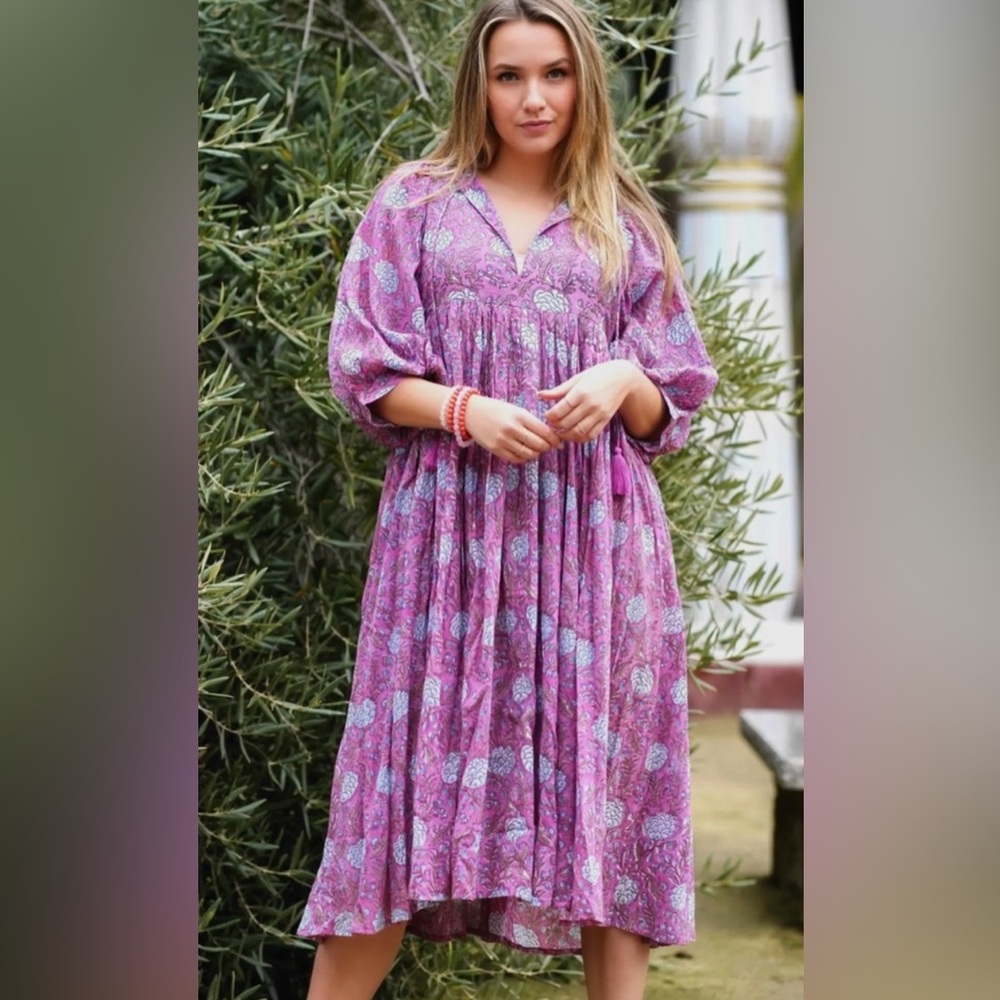 Dolma 100% Cotton Mylah Block Printed Floral Boho Flowy Purple Lavender dress
